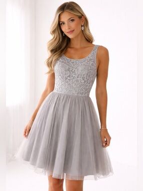 NWT Aidan Mattox Silver Lace Tulle Dress 12 Formal Prom Wedding Guest Princess